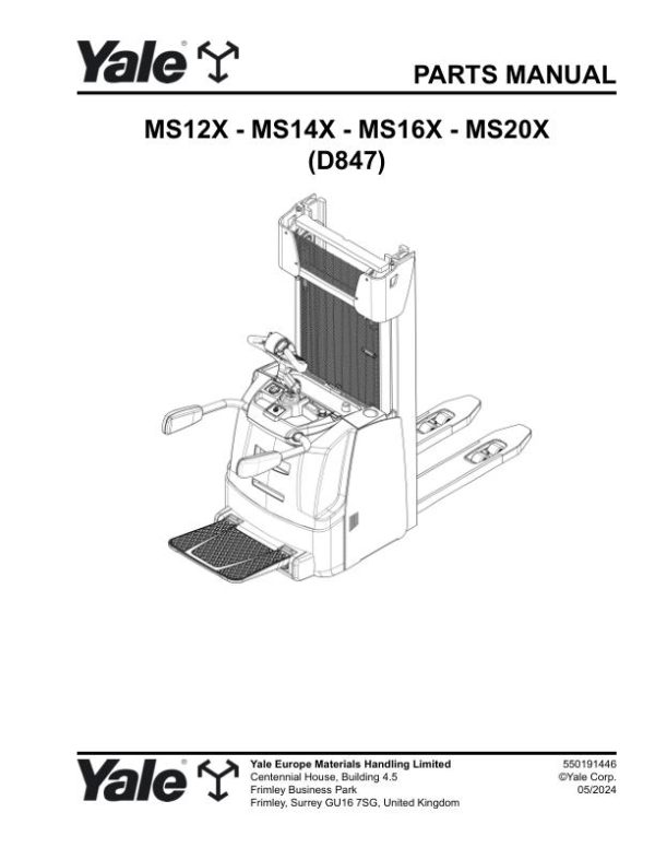 Yale Forklift D847E MS12X MS14X MS16X MS20X Parts Manual 550191446 05 2024