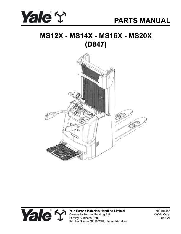 Yale Forklift D847E MS12X MS14X MS16X MS20X Parts Manual 550191446 05 2024