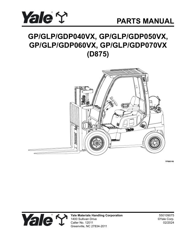 Yale Forklift D875 GP040VX to GDP070VX Parts Manual 550109075 02 2024