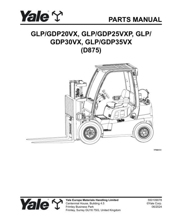 Yale Forklift D875E GLP20VX to GDP35VX Parts Manual 550109078 06 2024