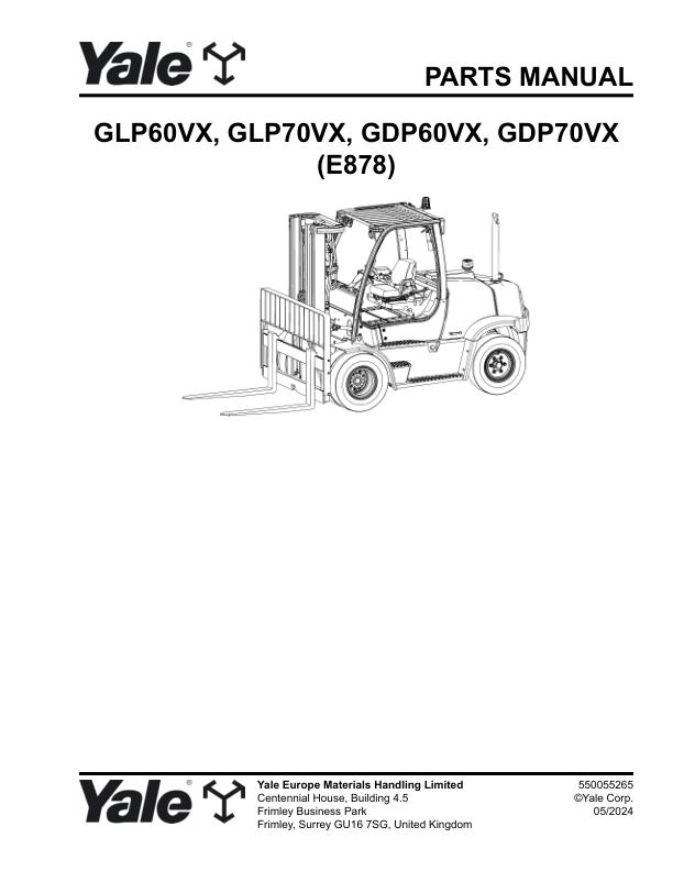 Yale Forklift E878E GLP60VX GLP70VX GDP60VX GDP70VX Parts Manual 550055265 05 2024