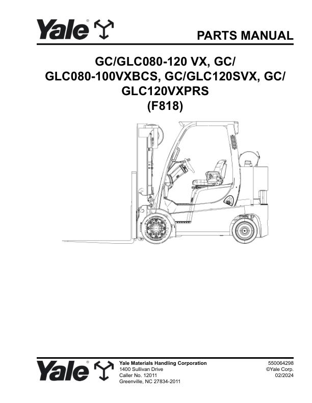 Yale Forklift F818 GC080VX to GLC120VXPRS Parts Manual 550064298 02 2024