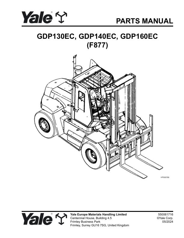 Yale Forklift F877E GDP130EC GDP140EC GDP160EC Parts Manual 550061716 05 2024