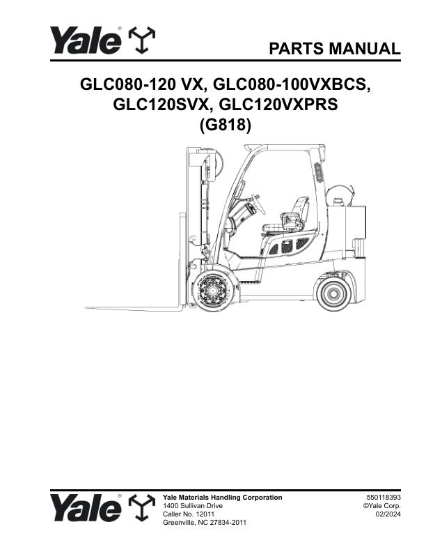 Yale Forklift G818 GLC080VX to GLC120VXPRS Parts Manual 550118393 02 2024