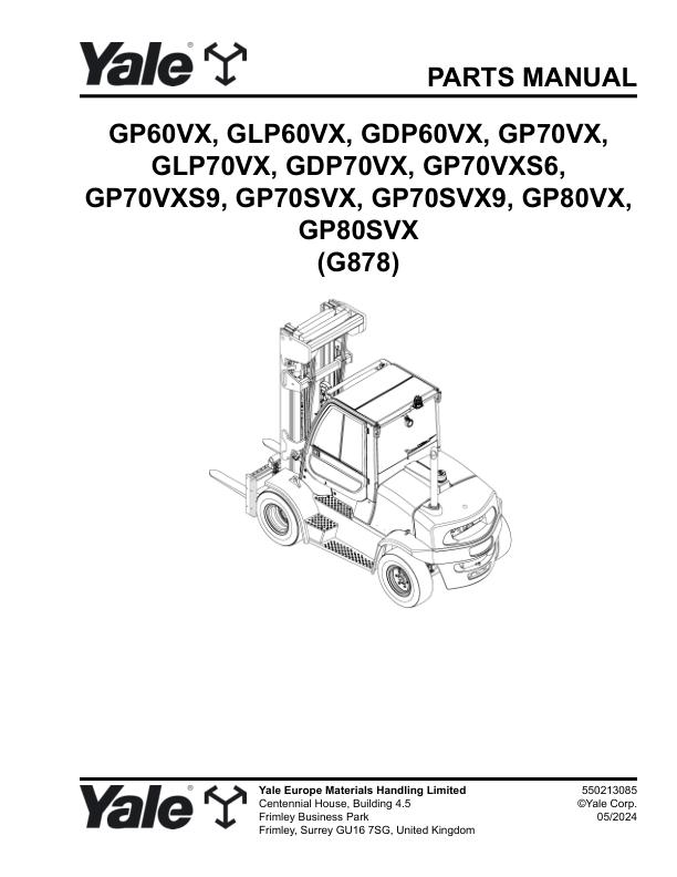 Yale Forklift G878E GP60VX to GP80SVX Parts Manual 550213085 05 2024