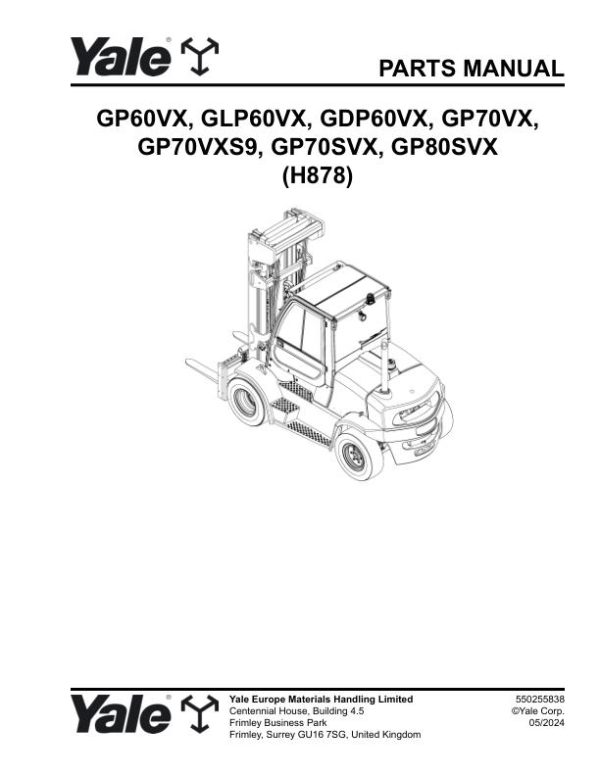Yale Forklift H878E GP60VX to GP80SVX Parts Manual 550255838 05 2024