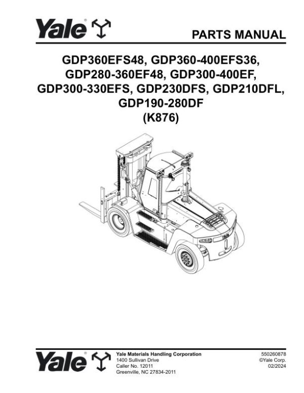 Yale Forklift K876 GP190 to GP400 Parts Manual 550260878 02 2024