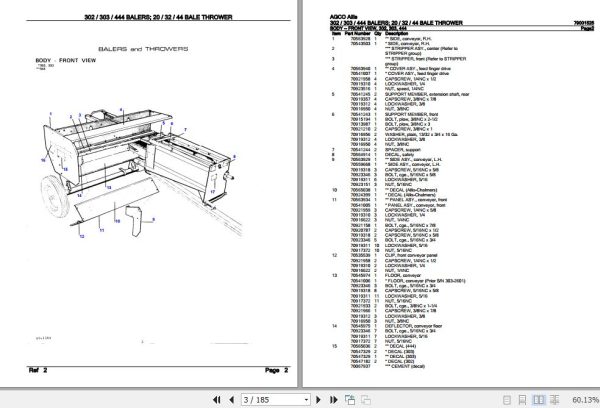 AGCO Allis Balers 302 303 444 Bale Thrower 20 32 44 Parts Catalog 79001525 2