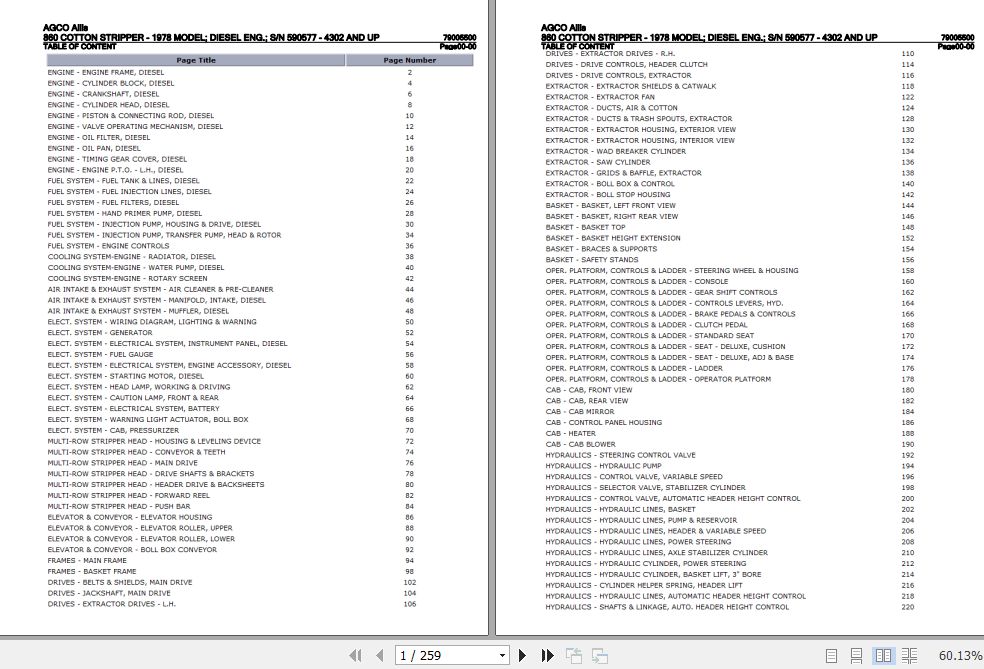 AGCO Allis Cotton Stripper 860 Parts Catalog 79005500 1
