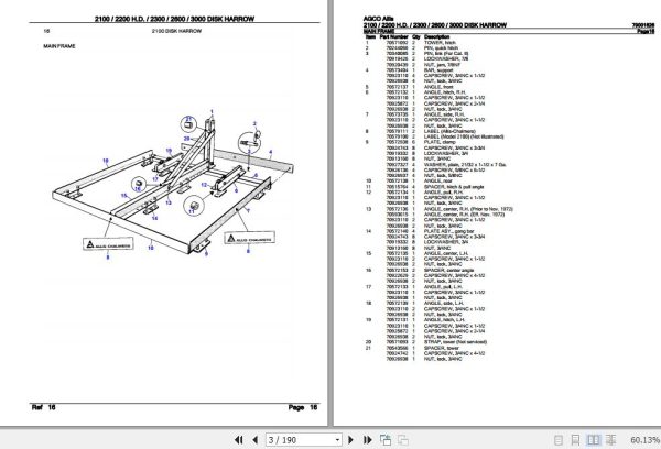 AGCO Allis Disk Harrow 2100 2200H.D. 2300 2600 3000 Parts Catalog 79001626 2