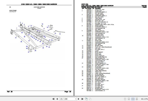 AGCO Allis Disk Harrow 2100 2200H.D. 2300 2600 3000 Parts Catalog 79001626 3
