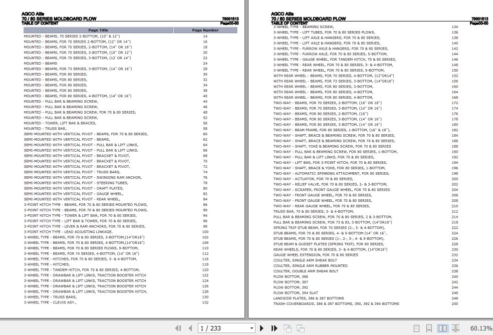 AGCO Allis Moldboard Plow 70 Series 80 Series Parts Catalog 79001513 1