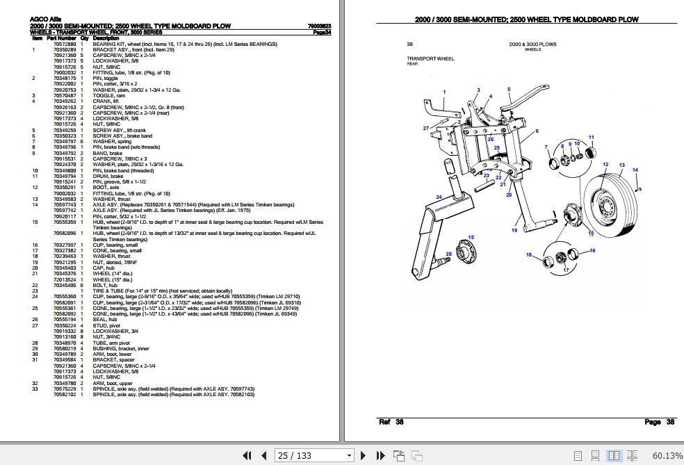 AGCO Allis Semi Mounted 2000 3000 Wheel Type Moldboard Plow 2500 Parts Catalog 79003823 1
