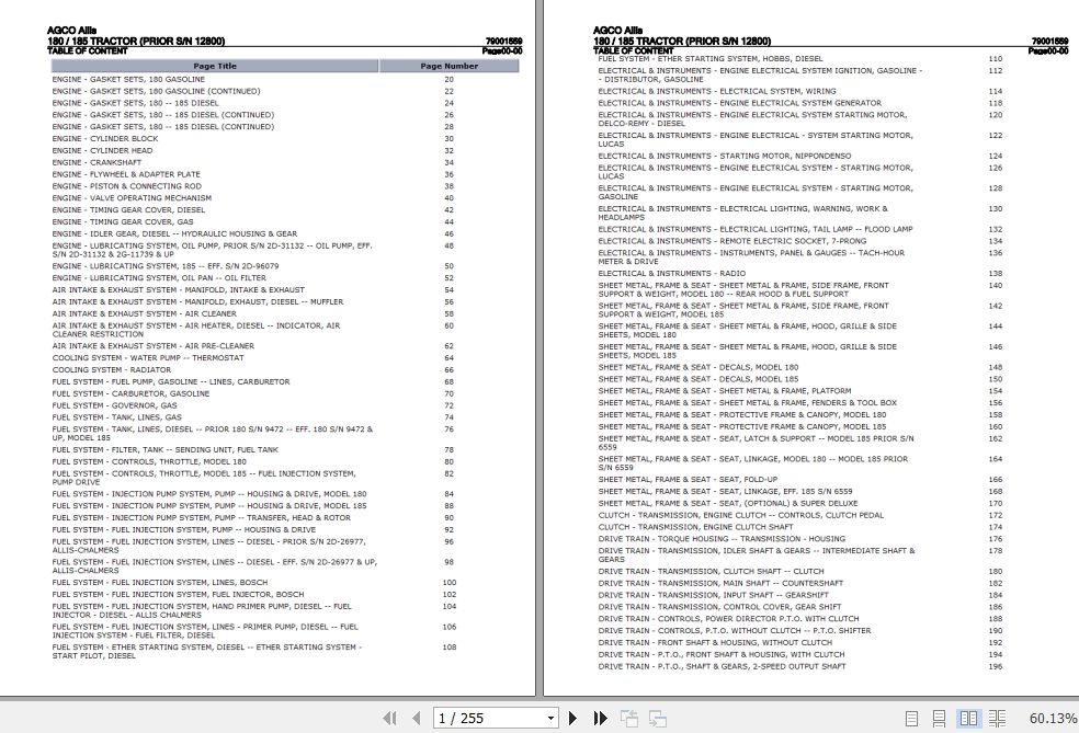 AGCO Allis Tractor 180 185 Parts Catalog 79001559 1