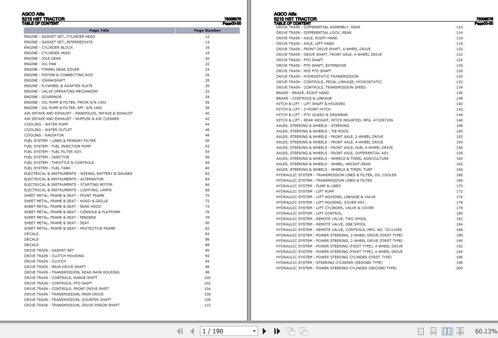 AGCO Allis Tractor 5215 HST Parts Catalog 79008076 1