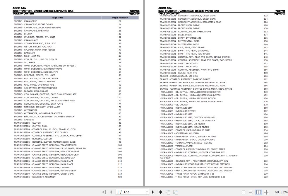 AGCO Allis Tractor 6250 Vario Cab DX 3.30 Vario Cab Parts Catalog 79007775 1