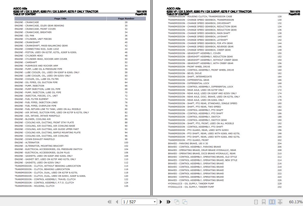 AGCO Allis Tractor 6250VF DX3.30VF 6260FV DX3.50VF 6275F Parts Catalog 79011975 1