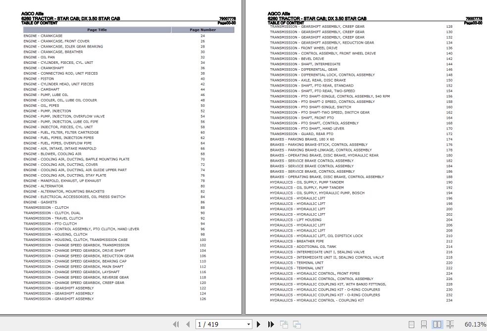 AGCO Allis Tractor 6260 Star Cab DX 3.50 Star Cab Parts Catalog 79007778 1