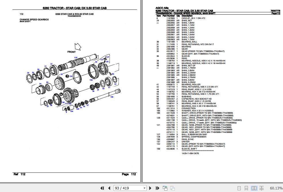 AGCO Allis Tractor 6260 Star Cab DX 3.50 Star Cab Parts Catalog 79007778