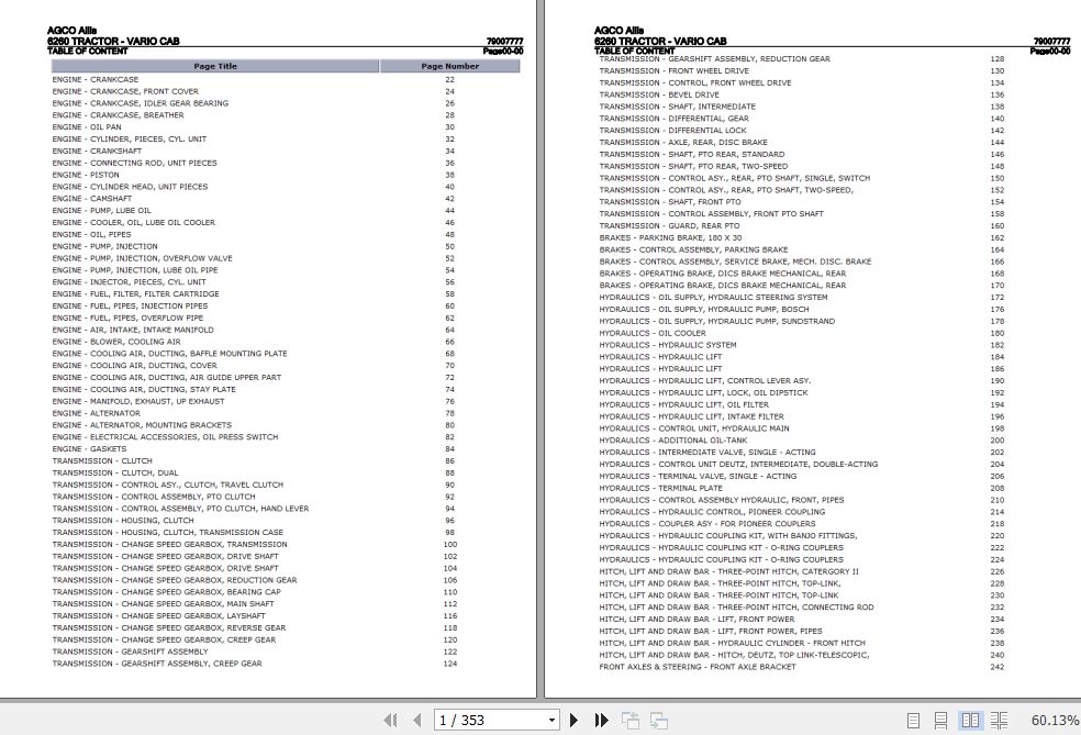 AGCO Allis Tractor 6260 Vario Cab Parts Catalog 79007777 1