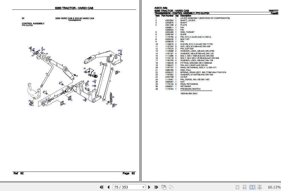 AGCO Allis Tractor 6260 Vario Cab Parts Catalog 79007777