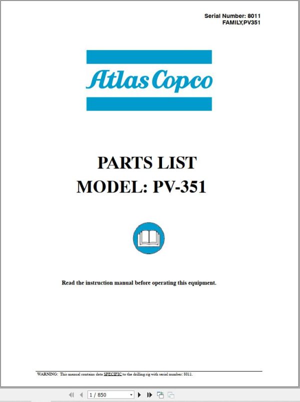 Atlas Copco Drilling Rig PV351 Parts Catalog