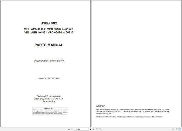 Bell Articulated Dump Truck B16B 6X2 Parts Manual 870150 1