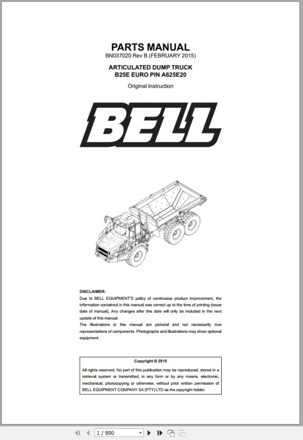 Bell Articulated Dump Truck B25E EURO Parts Manual BN037020 1