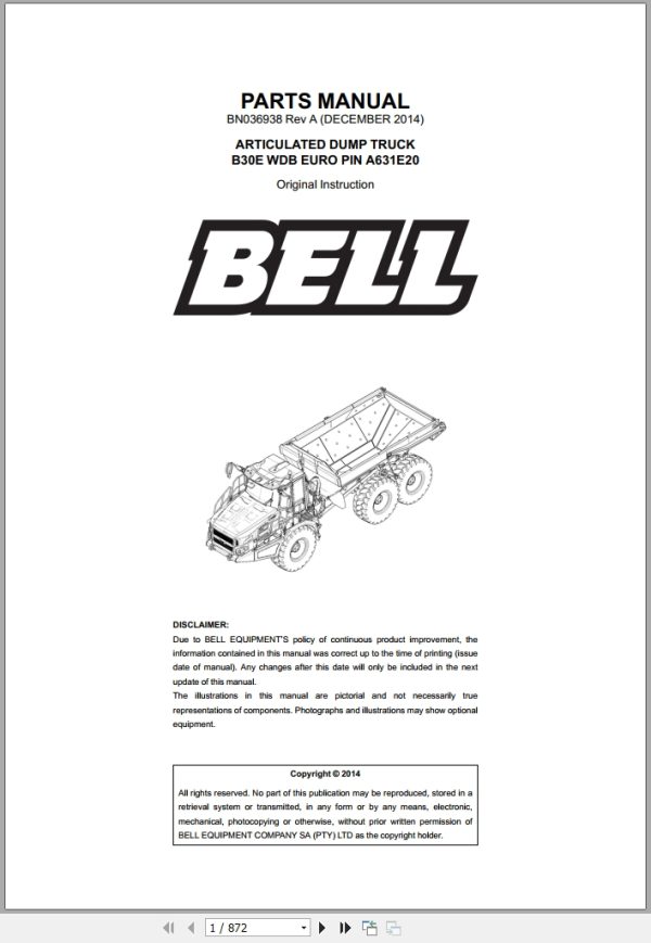 Bell Articulated Dump Truck B30E WDB EURO Parts Manual BN036938 1