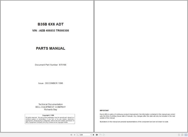 Bell Articulated Dump Truck B35B 6X6 ADT Parts Manual 870166 1