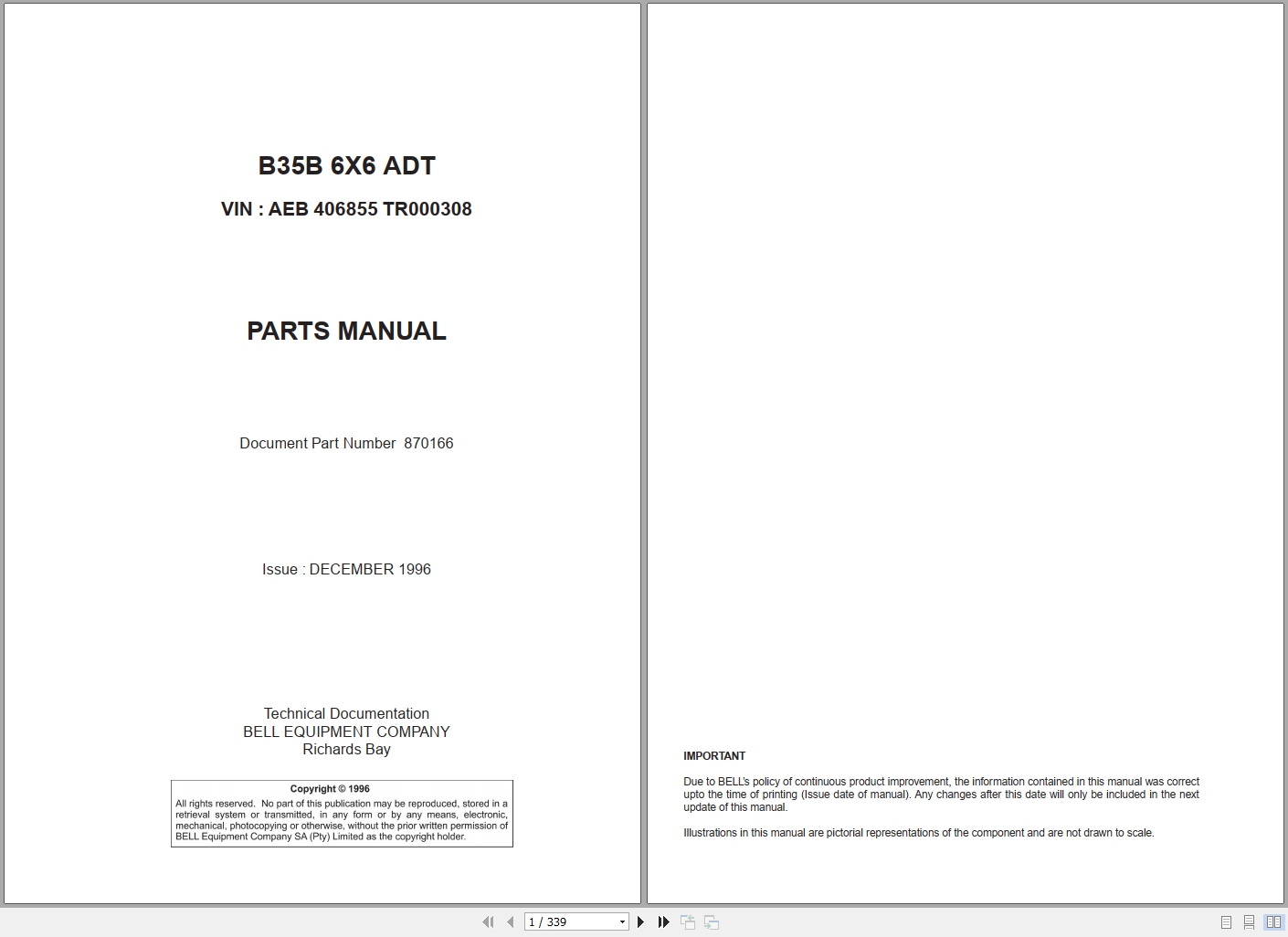 Bell Articulated Dump Truck B35B 6X6 ADT Parts Manual 870166 1