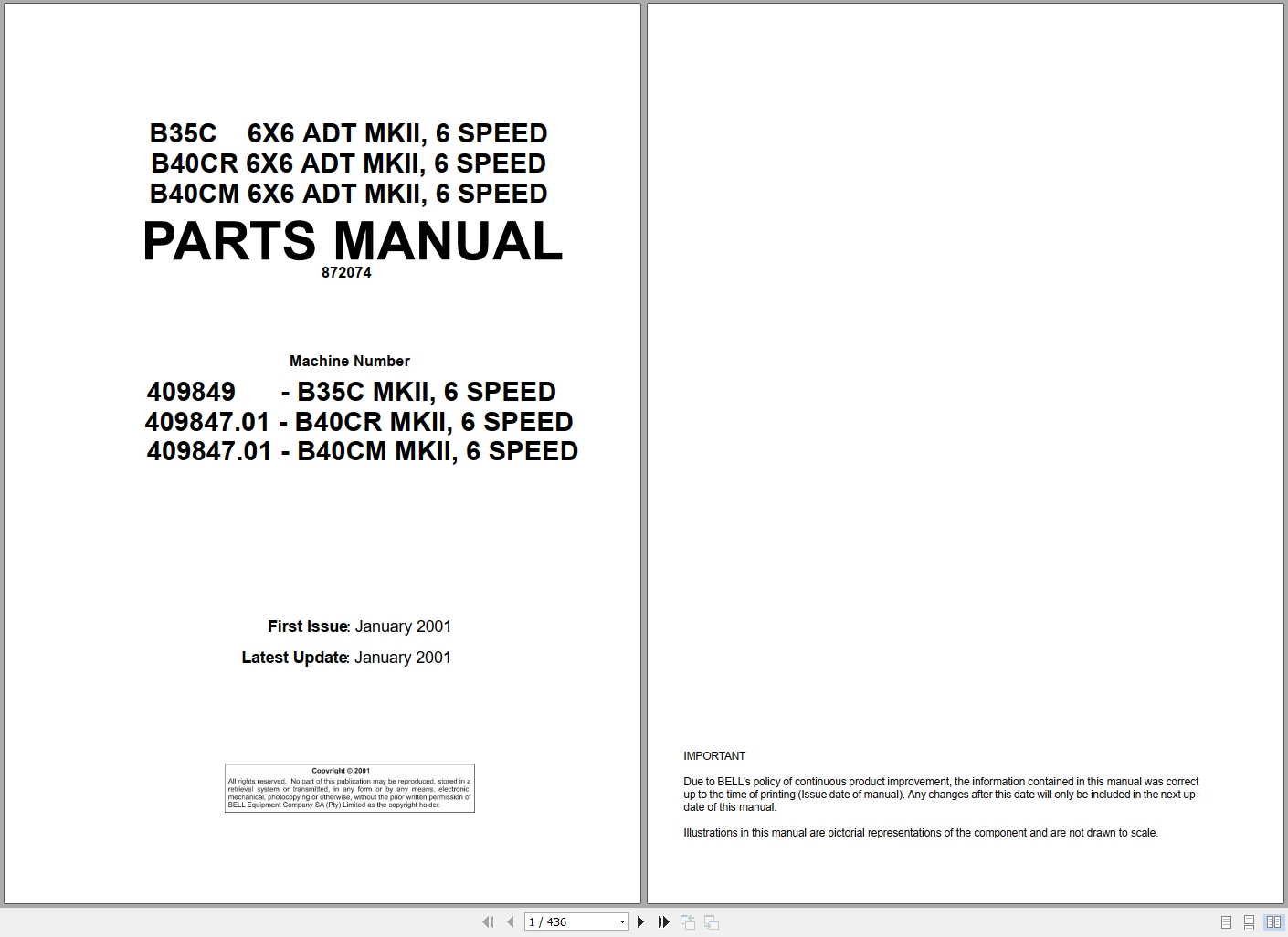Bell Articulated Dump Truck B35C B40CR B40CM 6X6 ADT MKII 6 Speed Parts Manual 872074 1
