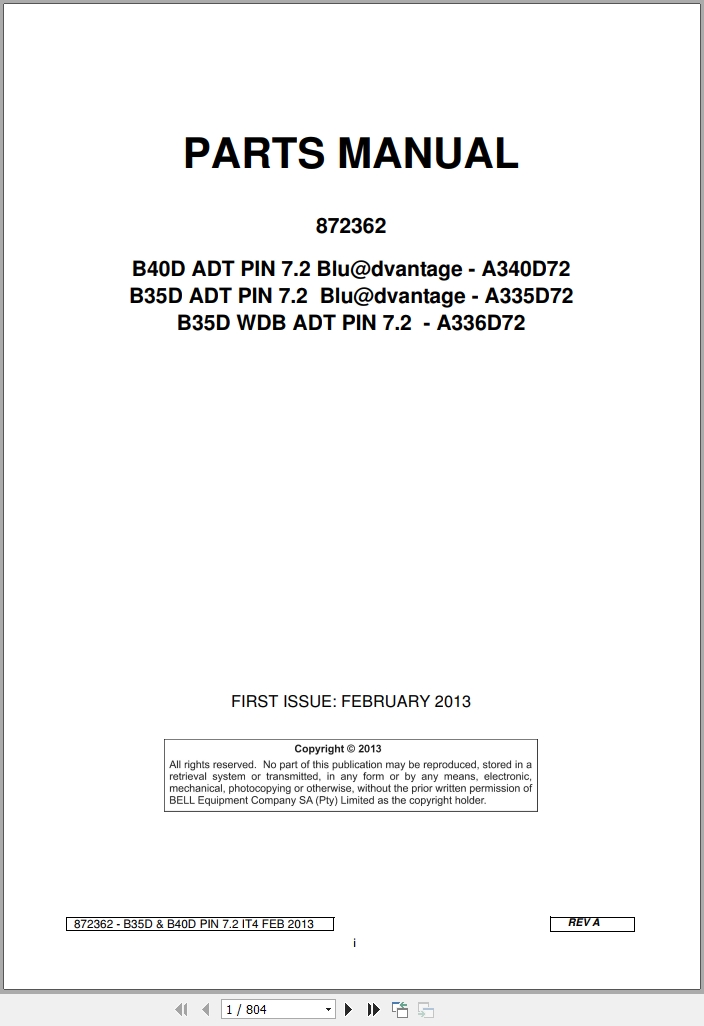 Bell Articulated Dump Truck B35D ADT B40D ADT B35D WDB ADT Parts Manual 872362 1