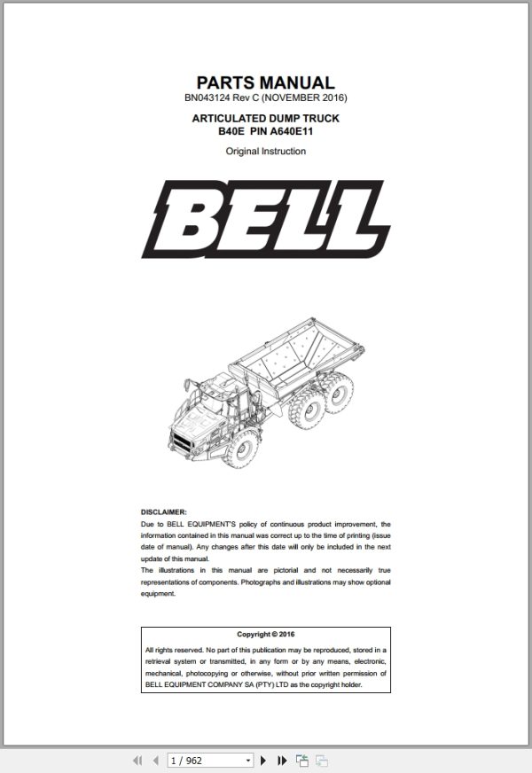 Bell Articulated Dump Truck B40E Parts Manual BN043124 1