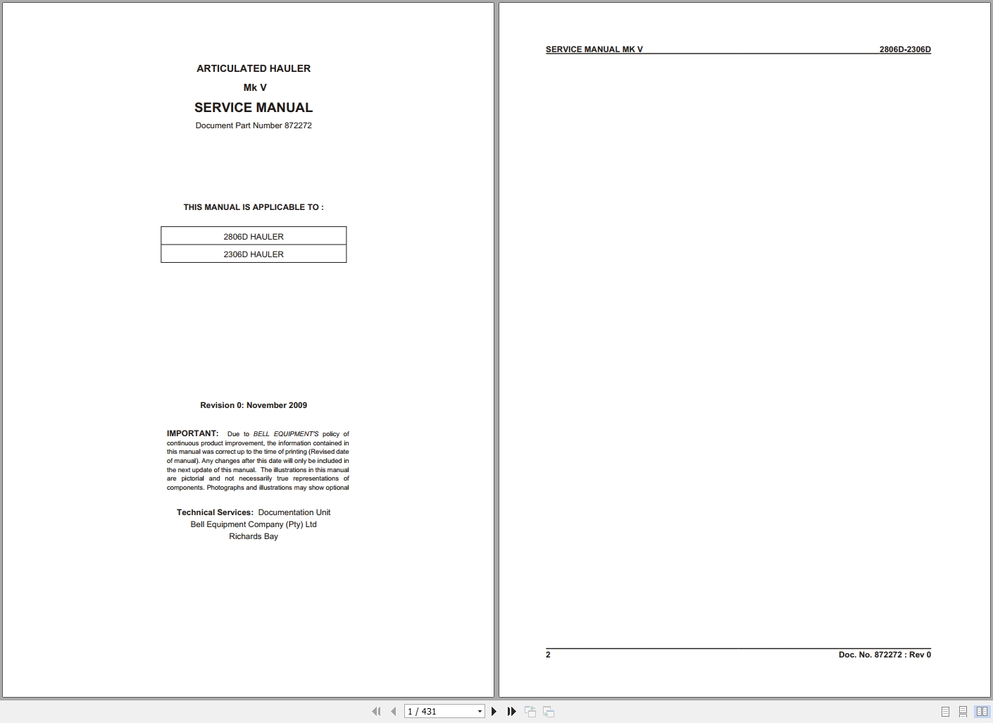 Bell Articulated Hauler 2306D 2806D MK V Service Manual 872272 1