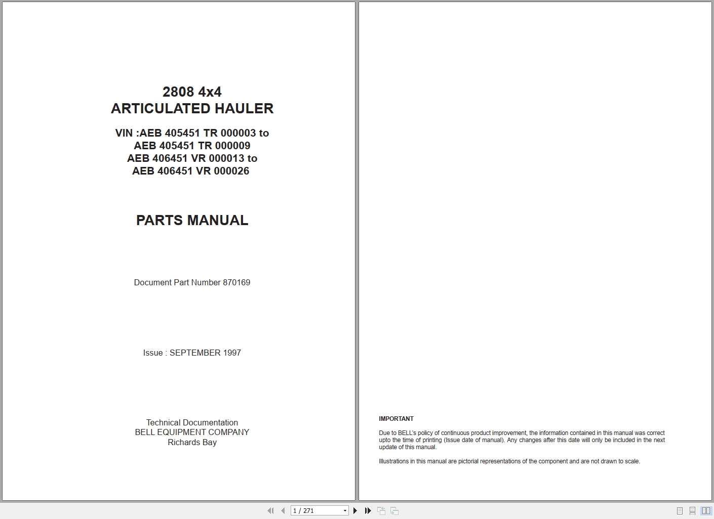 Bell Articulated Hauler 2808 4x4 Parts Manual 870169 1