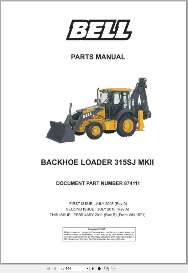 Bell Backhoe Loader 315SJ MKII Parts Manual 874111 1