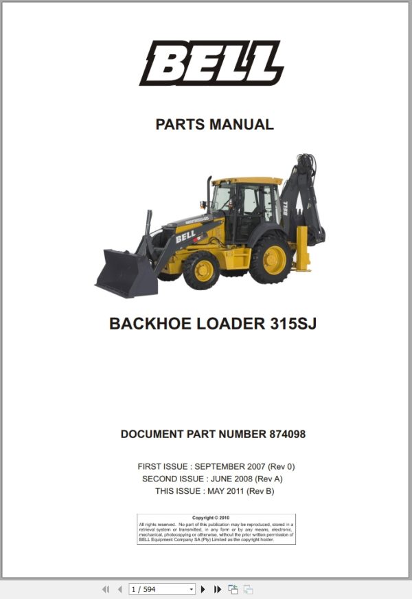 Bell Backhoe Loader 315SJ Parts Manual 874098 1