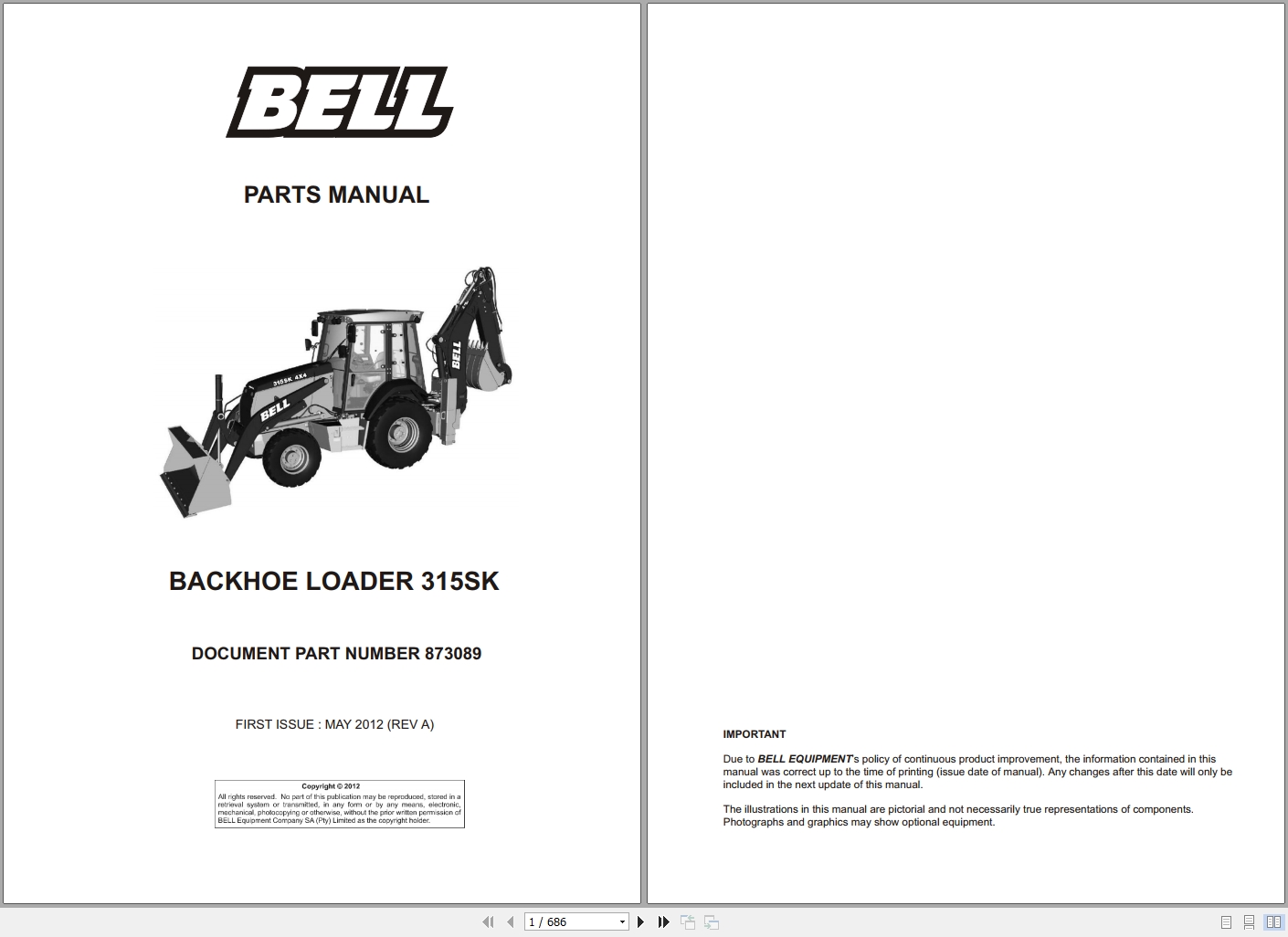 Bell Backhoe Loader 315SK Parts Manual 873089 1