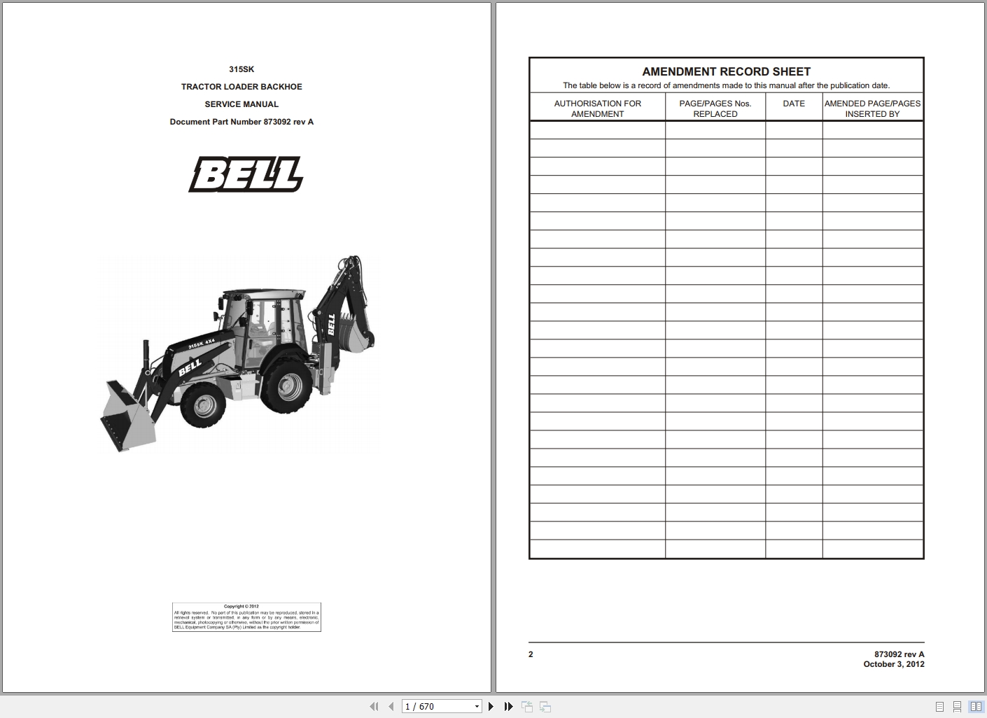 Bell Backhoe Loader 315SK Service Manual 873092 1