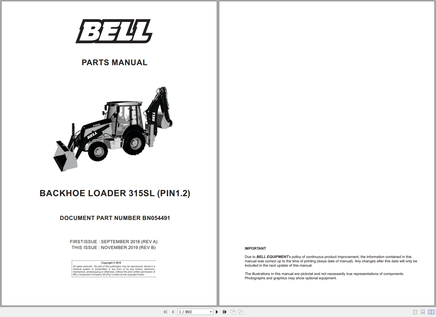 Bell Backhoe Loader 315SL Parts Manual BN054491 1