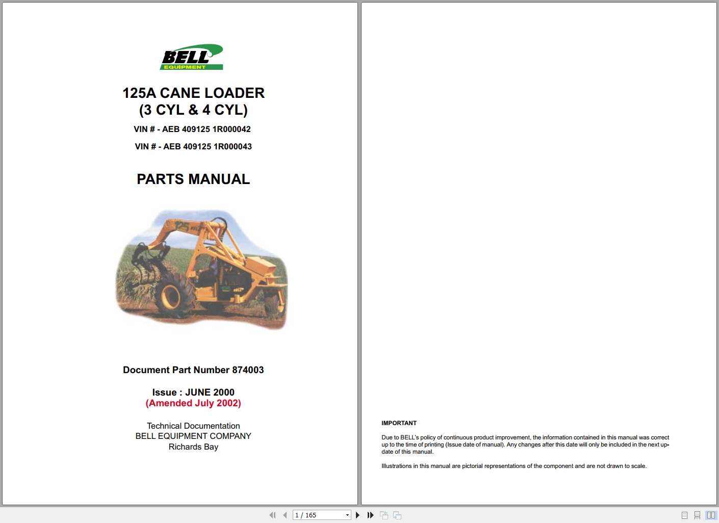 Bell Cane Loader 125A Parts Manual 874003 1