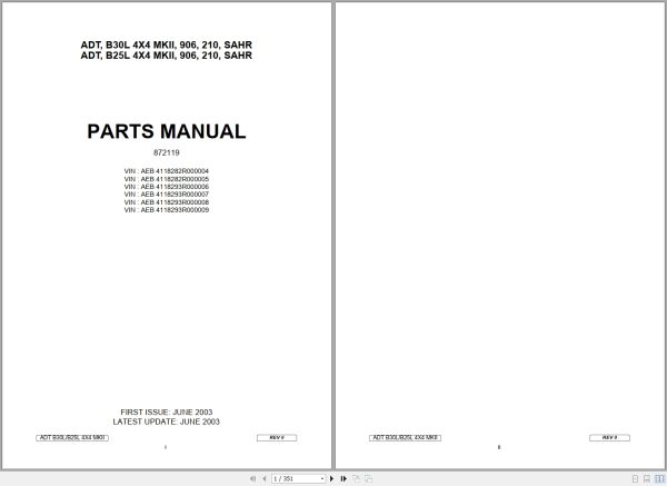 Bell Dump Truck B25L B30L ADT 4X4 MKII 906 210 SAHR Parts Manual 872119 1