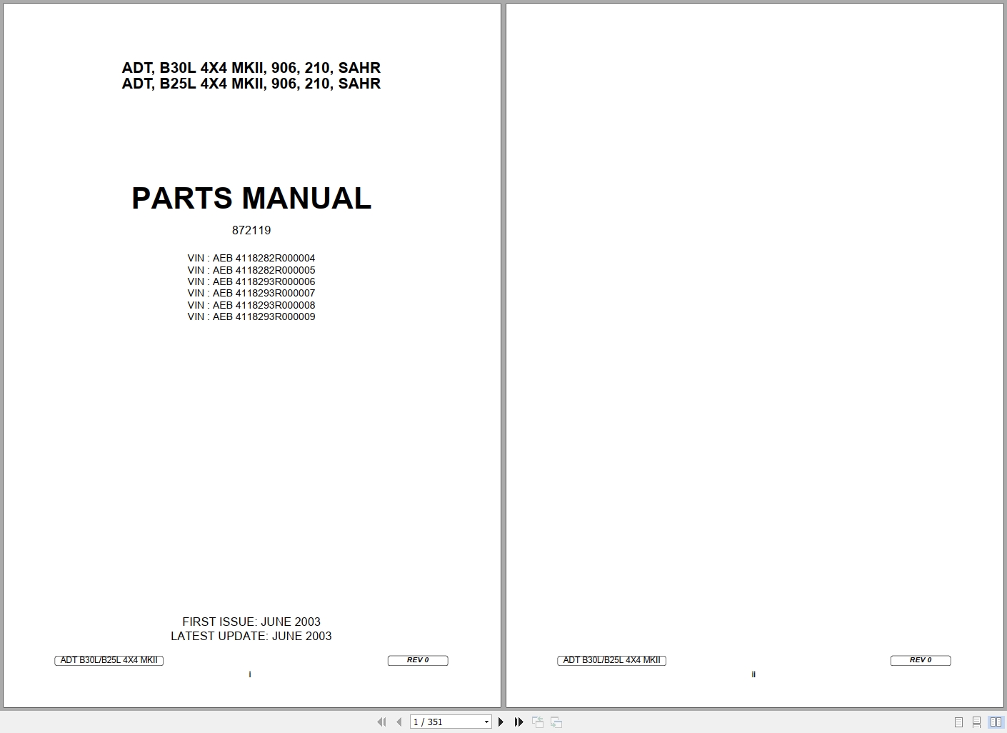 Bell Dump Truck B25L B30L ADT 4X4 MKII 906 210 SAHR Parts Manual 872119 1