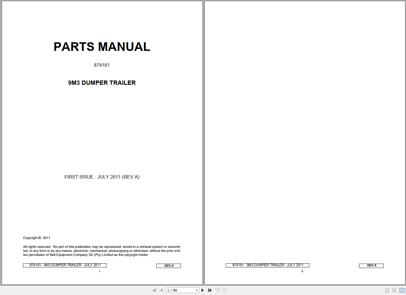 Bell Dumper Trailer 9M3 Parts Manual 874161 1