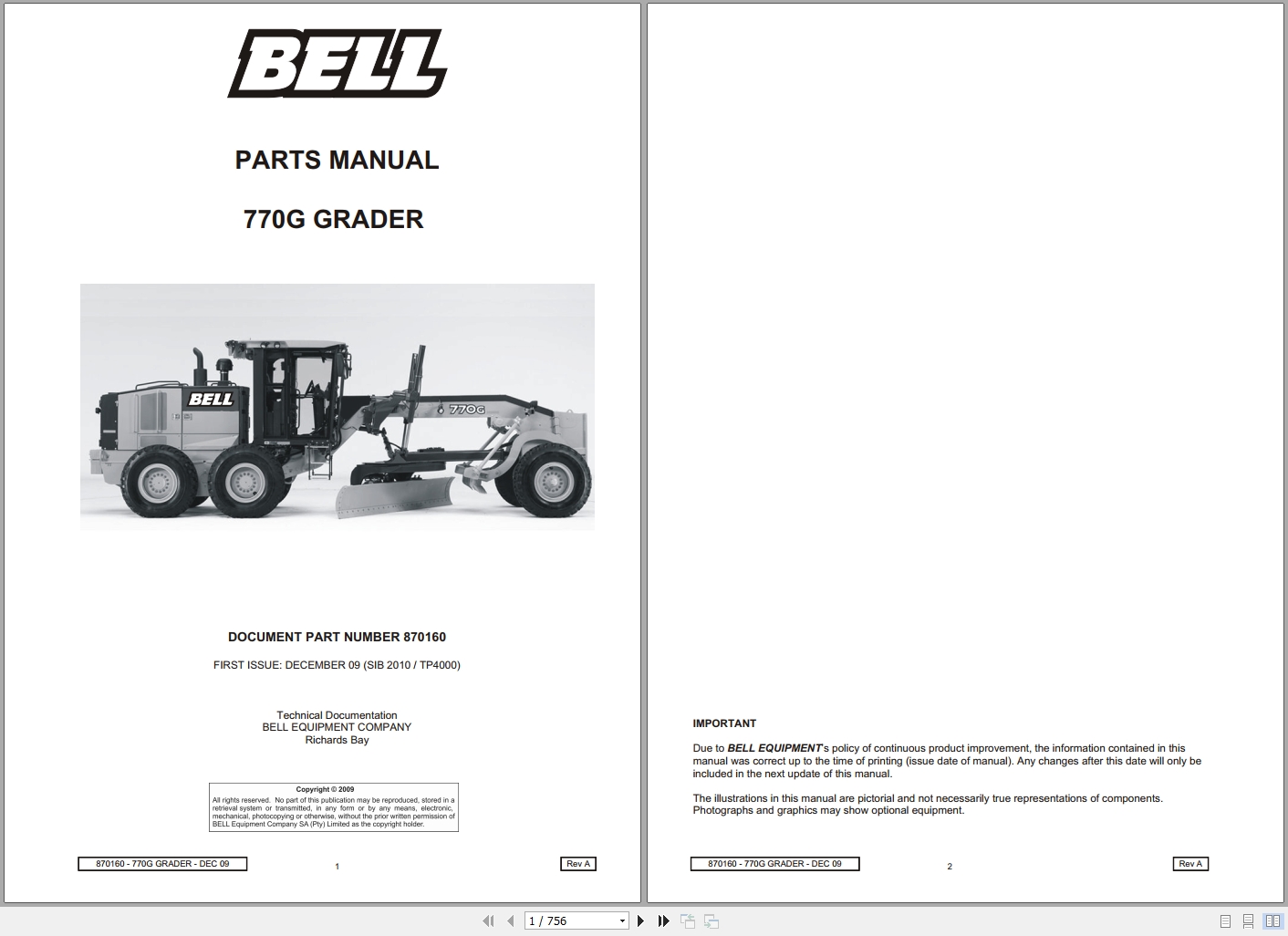 Bell Grader 770G Parts Manual 870160 1