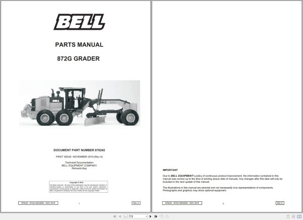 Bell Graders 872G Parts Manual 870242 1