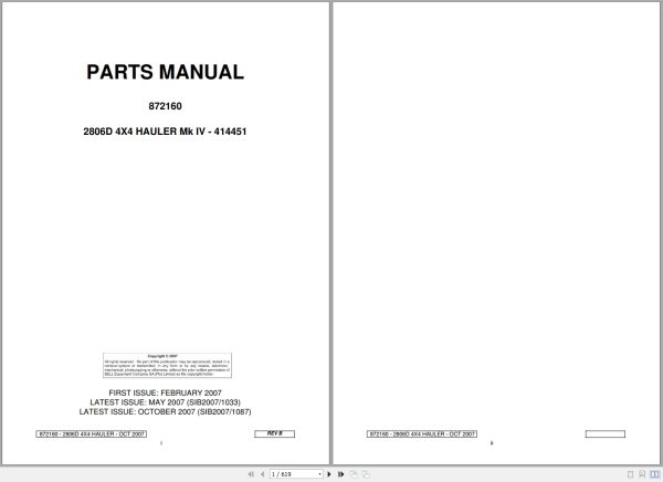 Bell Hauler 2806D 4X4 MK IV 414451 Parts Manual 872160 1
