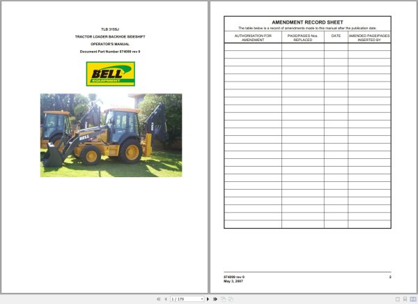 Bell Tractor Loader Backhoe Sideshift 315SJ Operators Manual 874099 1