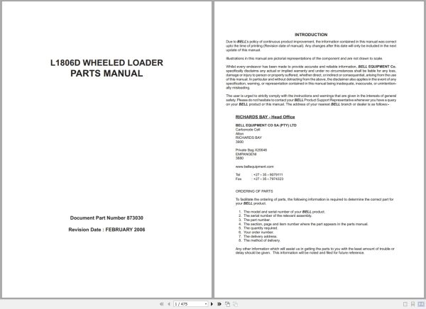 Bell Wheel Loader L1806D Parts Manual 873030 1